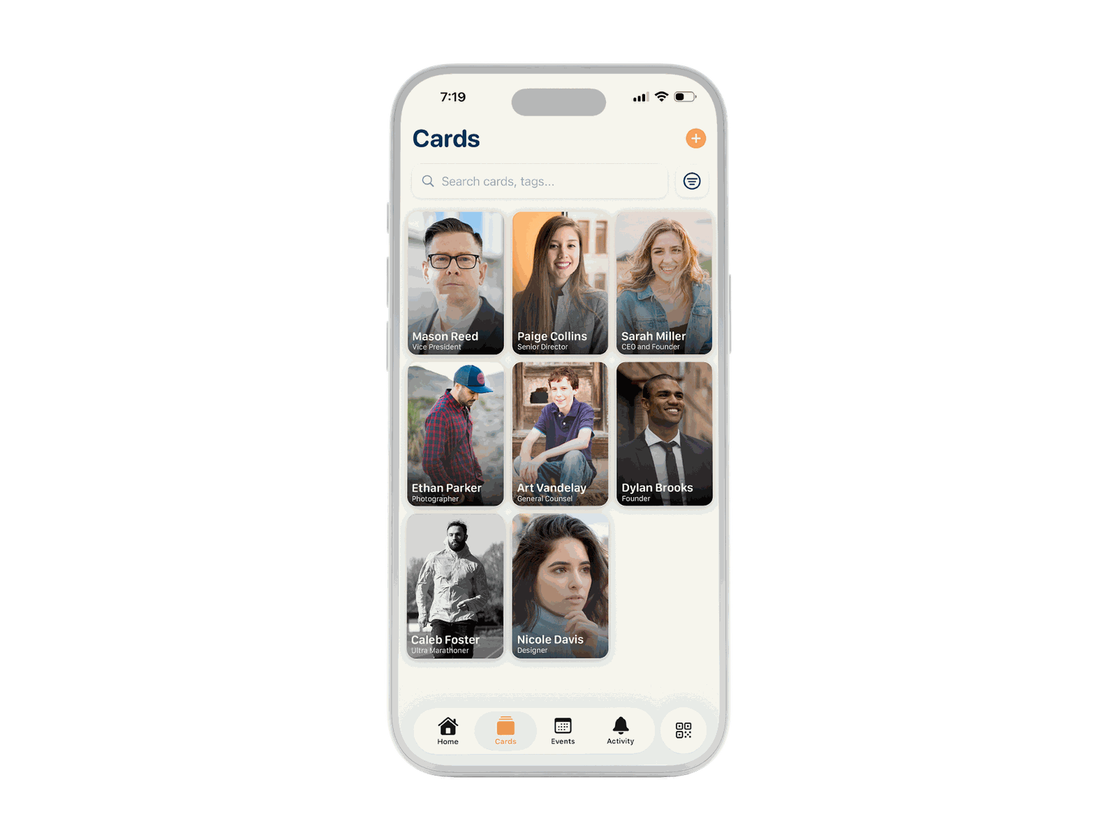 The Subtex app Cards screen showing a collection of saved digital business cards